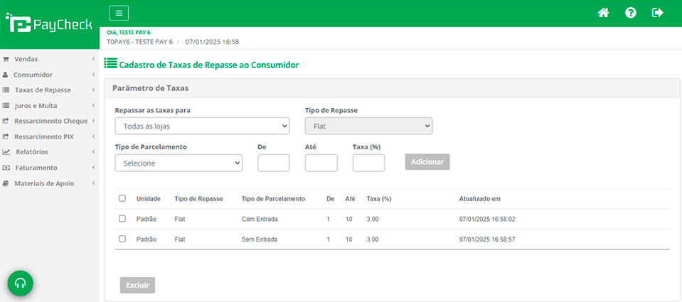Cadastro de Taxas de Repasse ao Consumidor
